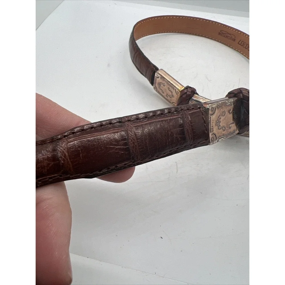 Brighton Women's Brown Leather Belt Embossed Silver Tone Braided‎ Accent